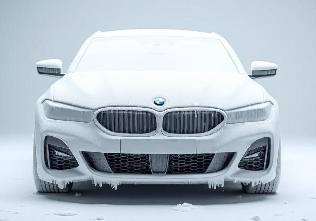 Highly visible BMW covered in thick active snow foam prior to washing