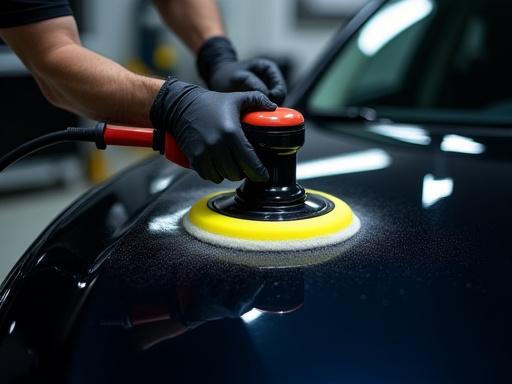 Skilled technician polishing a car bonnet to remove swirl marks